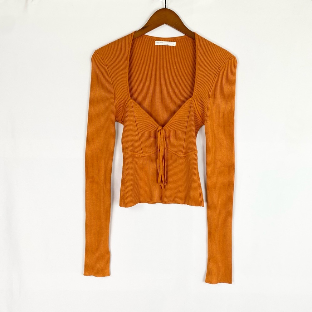 OAK + FORT Sweetheart Neckline Long Sleeve Ribbed Knit Blouse Top Orange